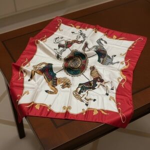 Vintage Club 7 Echo Silk Scarf Carousel Horses Equestrian Red Ivory Square